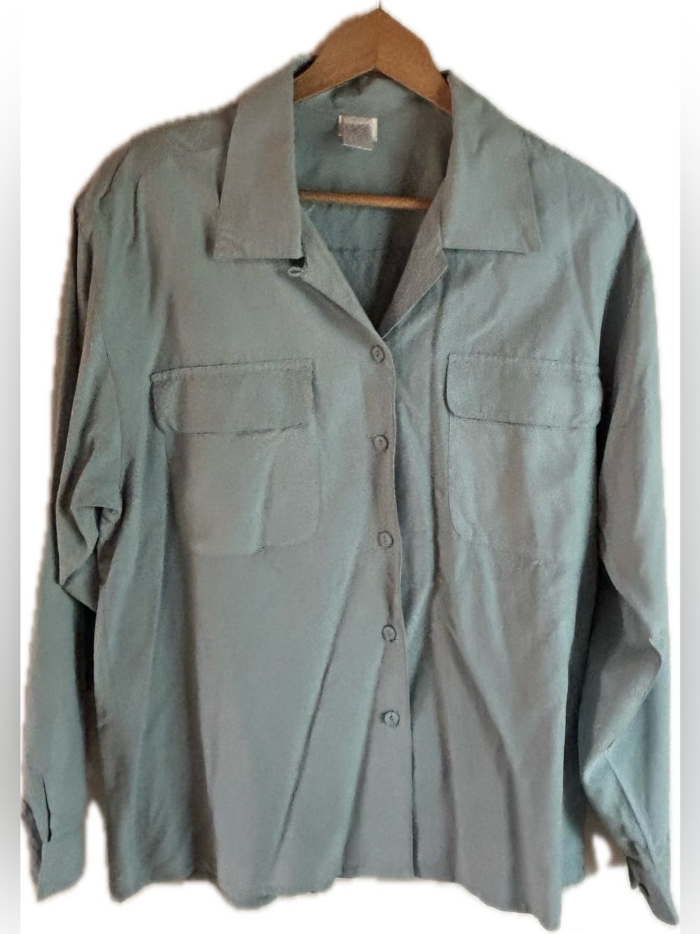Cleo 100% Silk Lightweight Button-Up Sage Green Long Sleeve Shirt